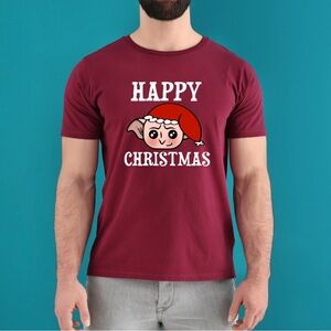 TShirt Men’s Women’s Holiday Happy Christmas Harry Potter Dobby with Santa Hat